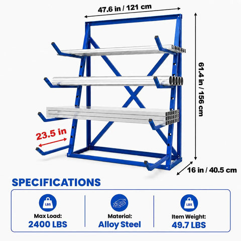 Built Like A Tank Four Tier Cantilever Rack For Heavy Lumber And Pipe Storage, Alloy Steel, 2400 lbs capacity, dimensions shown.