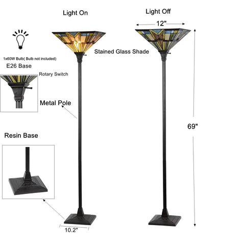 Diagram of Tiffany Style Mission Floor Lamp With Real Stained Glass Shade, 69" tall with 12" shade, rotary switch on metal pole.
