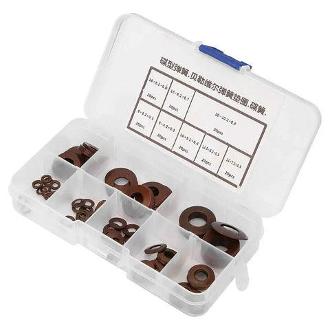 Eight Types Belleville Compression Spring Disc Washer With Variable Stiffness For Heavy Duty Loads, A Space Saving Compact Shock Absorber For Clutches, Valves, Safety Mechanisms, And Precision Applications In Industrial Gear. Brown Belleville disc washer kit in labeled plastic case, assorted sizes