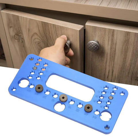 Dead Nuts Accurate Drill Locator Jig And Hole Puncher Built From Tough Aluminum Alloy for cabinet assembly in use.