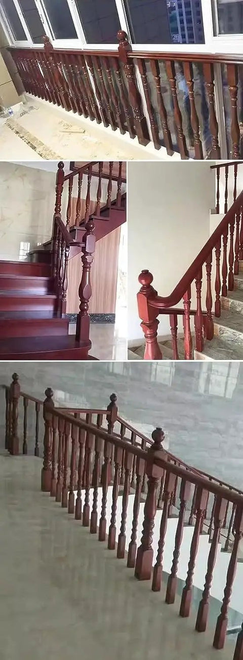 Wooden Stair Spindles And Railing Balusters For Deck Porch And Balcony Systems Featuring A Rock Solid Build, shown on a staircase.