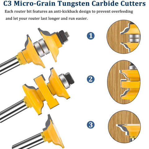 Image of Three Piece 1/2 Inch Shank Router Bit Set For Classical Extended Tenon And Pro-Grade Heavy Duty Door Rail Stile Milling Kit For Doors, Cabinets, Shelves, And Frames CNC Ready, showing C3 tungsten carbide cutters with anti-kickback design in three configurations.