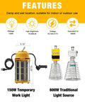 Ultra Bright LED Temporary Work Light 150W 5000K Daylight White, 19,500 Lumens comparison with traditional light