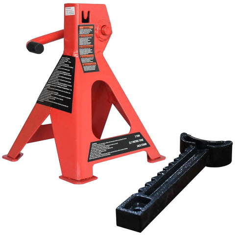 Heavy Duty Steel Auto Jack Stands 2 Ton Each Built Tough With No Hassle Ratchet Locking Adjusts Smoothly For Weekend Warriors ASME Certified Red Black with a ratchet lever.