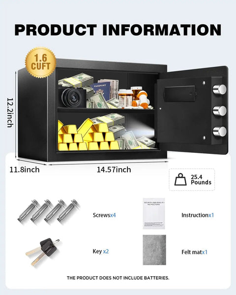 1.7 Cu Ft Home Safe With Digital Lock, Movable Partition, Smart Alarm, Silent Keypad Mode, And Motion Sensor Lights