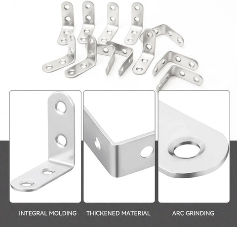 Hella Tough Stainless Steel Corner Brackets With Screws heavy duty L shaped plates for cabinets showing various angles and details.