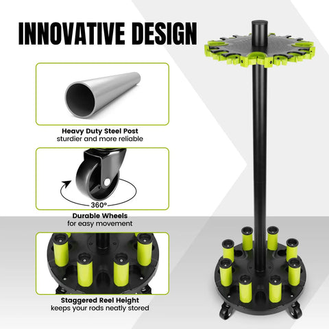 Rolling Fishing Rod Holder Rack For Garage Holds Up To 20 Rods And Reels Space Saving Gear Organizer with heavy duty post and wheels