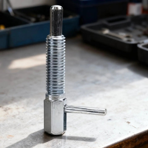 Heavy Duty Beefy Five Pack Retractable Indexing Plungers Four Inch Carbon Steel Spring Loaded Latch Locking Pins For Aluminum Profiles M12 Thread displayed on workbench.