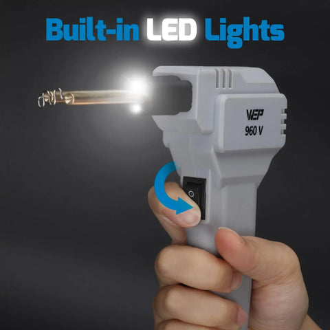 Plastic Welder Kit 110V with LED Lights in hand showing power switch and 200 hot staples feature for automotive repairs
