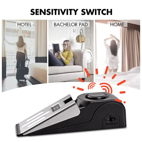 Two Pack Door Stop Alarm Security Tool With 120dB Siren For Home Travel And Apartment Portable Safety Gadget in use display