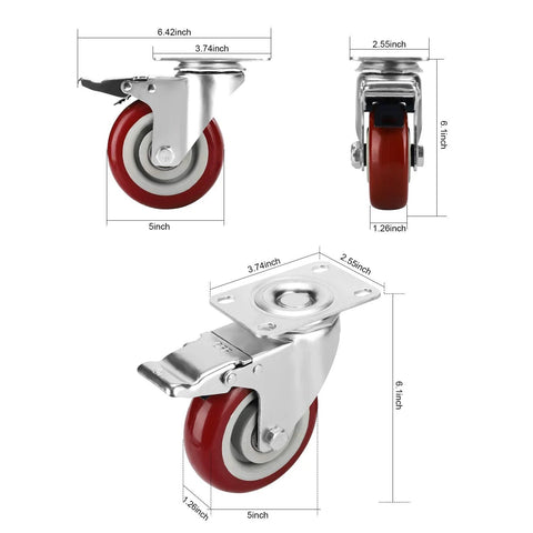 heavy duty swivel casters with locking brakes, 5 inch red rubber wheels, detailed dimensions, ideal for carts and workshop use.