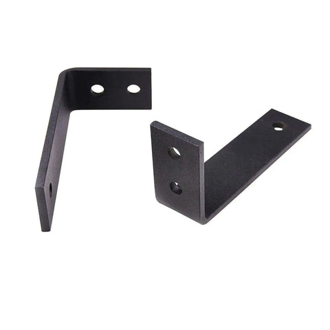 Metal hardware brackets for Barn Style Bypass Sliding Doors With Frosted Glass And Solid Wood, 56x96 Inches, Black Finish, Classic Look, Hardware Included. 