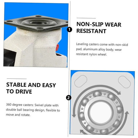 Heavy Duty Adjustable Caster Wheels Four Pack swivel plate mount showing non-slip design and dual ball bearing for stability.