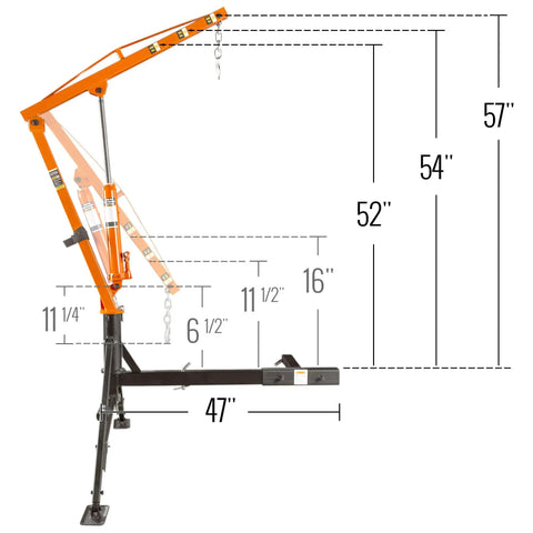 Straight Up Heavy Duty Hitch Mounted Jib Crane For Pickup Trucks with measurements, reinforced steel construction and adjustable legs.