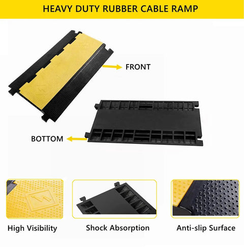 Tough As Nails Rubber Cable Protector Ramp Five Channel Wire Cover showing front and bottom views, designed for indoor outdoor use.