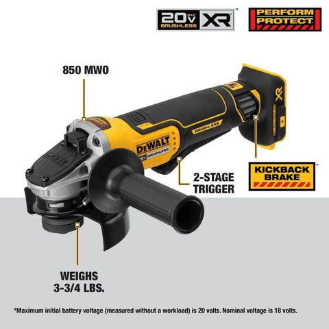 Solid Workhorse 20V Max Cordless Drill Grinder Combo Kit Angle grinder with kickback brake, 2-stage trigger, 850 MWO power.