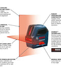 Side view of GLL 55 Self Leveling Cross Line Laser with Visimax Technology displaying bright lines and feature highlights.