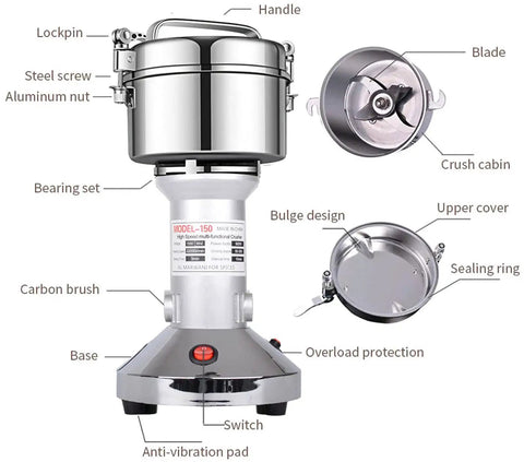 Powerhouse 900W High Speed Grain Mill Grinder 150g Stainless Steel For Seeds Flour Nuts Spices with labeled parts