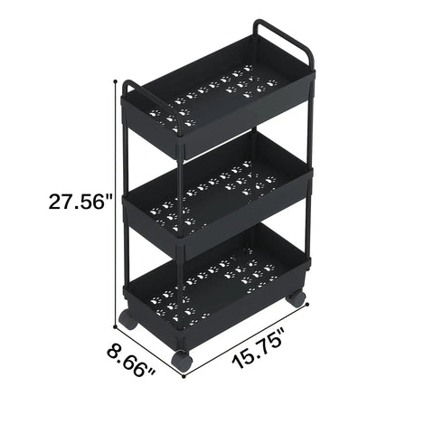 Three Tier Rolling Storage Cart With Adjustable Shelves, Mobile Utility Organizer On Wheels For Kitchen, Bath, And Laundry