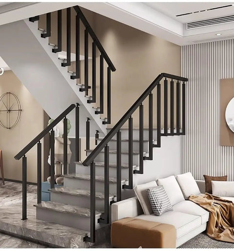 Tough As Nails Side Mount Stair Railings And Deck Balusters With Adjustable Angle Brackets Complete Hardware Kit Black indoor staircase with railing.