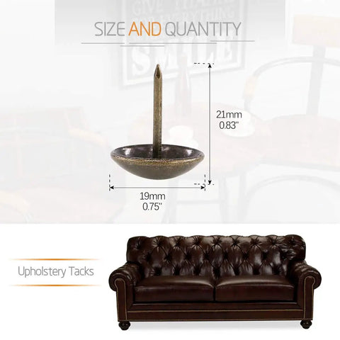 Premium Antique Bronze Upholstery Tacks 200 Piece Assortment Kit detailed dimensions, 21mm height, 19mm width, decorative use.