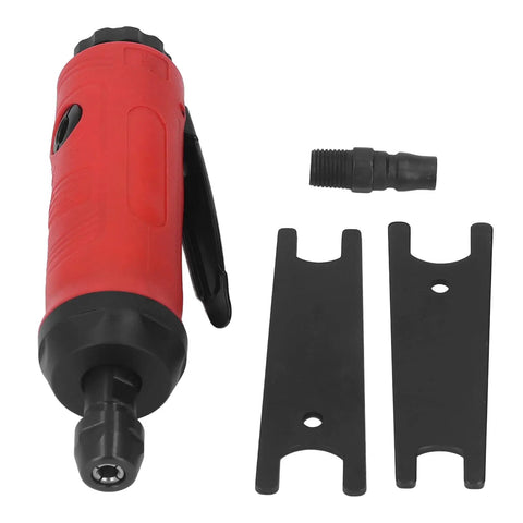 Heavy Duty Pneumatic Die Grinder With Built In Muffler For Dead Quiet 18k Rpm Action Zinc Alloy body with red comfort grip and accessories.