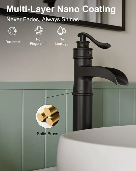 Vessel Sink Faucet Waterfall Matte Black With Pop Up Drain Without Overflow And Supply Lines One Handle Vanity Bathroom Mixer Tap Durable Solid Brass Construction Sleek Dope Finish with Nano Coating