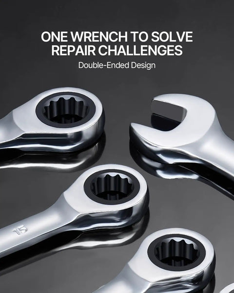 Heavy Duty 30 Piece Ratcheting Wrench Set With 72 Tooth Fast Grip Teeth showing double-ended wrenches with textured grip heads.