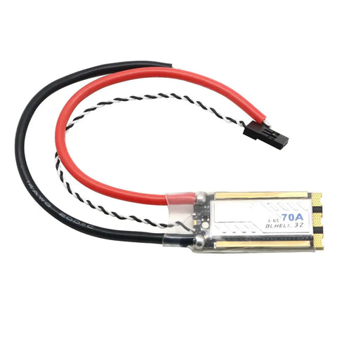 Beefy 70A BLHeli 32 32 Bit Brushless ESC for RC planes, shown with wires and connectors, featuring current meter and telemetry sensor