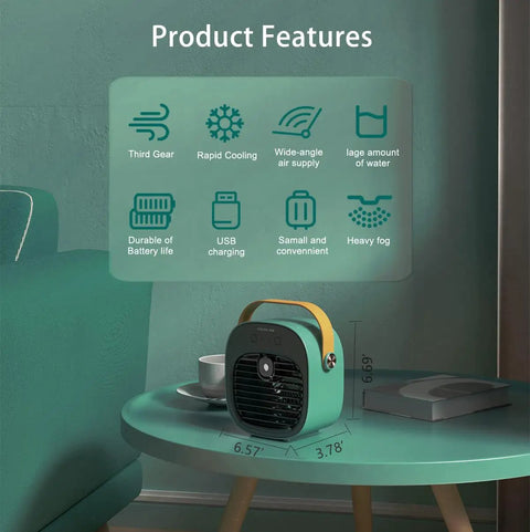 Cordless Mini AC With 6000mAh Battery, USB Powered Personal Cooling Unit on a table next to sofa, displaying product features.