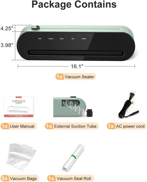 Automatic Vacuum Sealer Machine With One Touch Operation Keeps Your Grub Fresh For Weeks package contents including vacuum sealer, bags, manual.