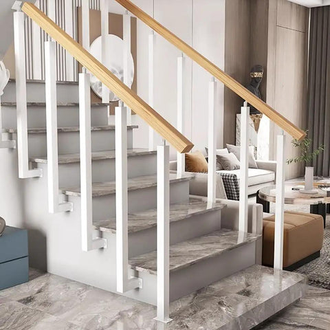 White Side Mount Stair Balusters 30 Pack With Hella Strong Adjustable Brackets And Full Hardware Kit For Outdoor Deck Railing Systems Built Like A Tank Solid Square Metal 39 Inches Tall installed on modern staircase with wooden handrail.