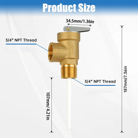 Front view of brass 210°F/150 PSI T&P relief valve with lever and extension probe, 3/4 in NPT.