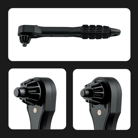 Smooth Operation Universal Ratchet Drill Chuck Key Wrench Set With Dual Socket Heads And Rock Solid Magnetic Grip. Black ergonomic handle.