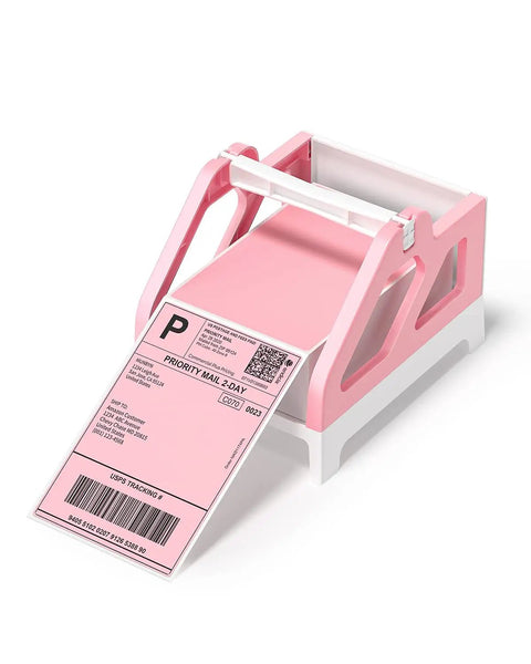Heavy Hitter Universal Thermal Shipping Label Holder And Fan Fold Roll Organizer No Sweat Paper Dispenser Stand Pink displaying a label.
