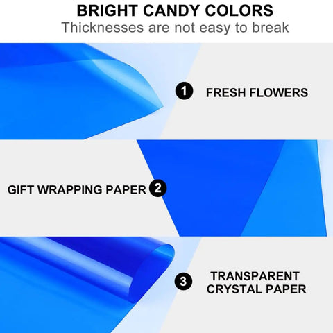Blue Cellophane Flower Wraps Waterproof Wrapping Paper For Flowers with bright candy colors emphasizing clarity and thickness.