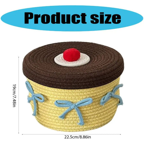 Legit Handwoven Cotton Storage Basket With Snug Dustproof Lid Solid Home Hub Organizer showing size dimensions and decorative lid.