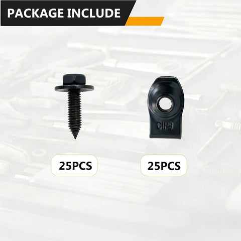 Premium Fifty Piece One Quarter Inch Universal U Nut Clips And Hex Head Bolts For Auto Body Repair Fender Liners Bumpers Wheel Arches showing 25 bolts and 25 clips.