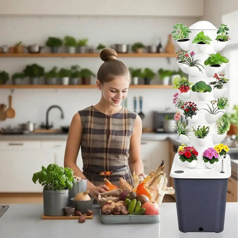 Indoor Hydroponics Tower Garden Kit With 30 Pods, High-Yield Vertical Farming System in kitchen setting, woman preparing vegetables.