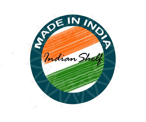 Logo design featuring 'Made in India' and 'Indian Shelf' text, in green and orange colors, circular shape, representing Indian craftsmanship.