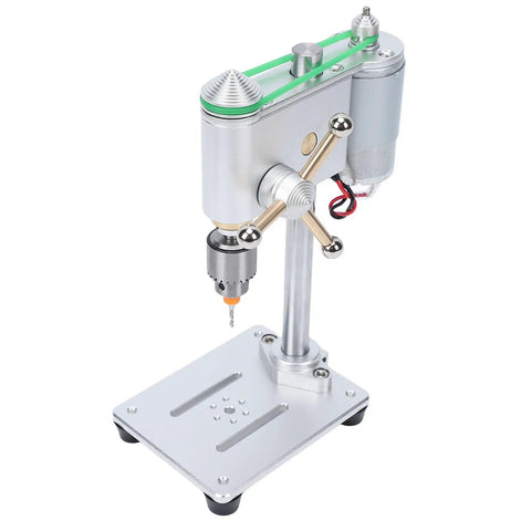 Heavy Duty Mini Benchtop Drill Press With Precise Variable Speed Control Ideal For Jewelry Wood And Metal Work on silver base.
