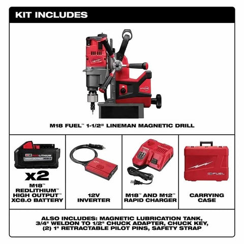 Portable Lineman Magnetic Drill Kit Delivers Kickass Job Site Power Drilling One And Half Inch Metal Cutting Includes dual batteries and charger.