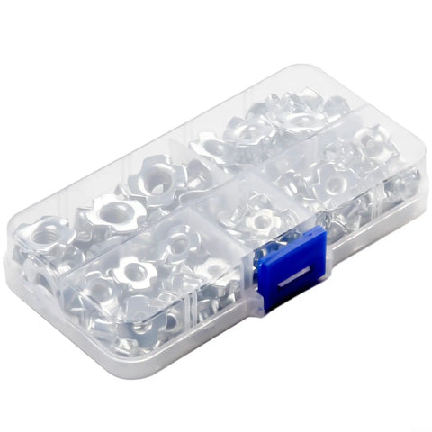 90 Piece Four Prong Tee Nuts Zinc Plated For M3 M5 M6 M8 Threaded Fasteners in plastic storage box