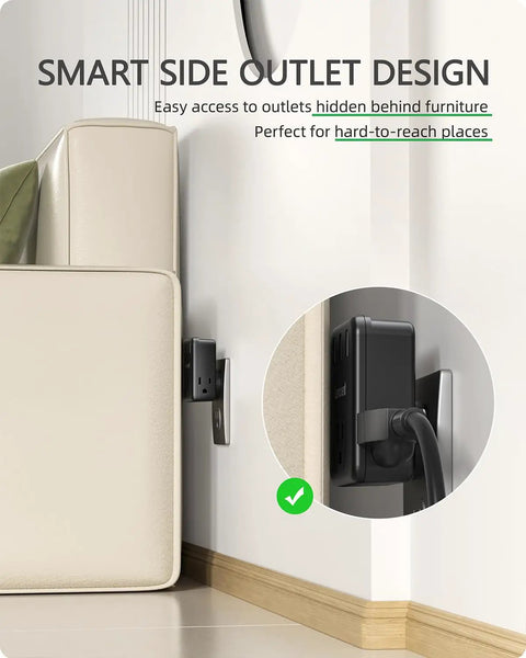 Side view of Three Way Wall Outlet Extender with Three AC Outlets and Three USB Ports plugged in behind a sofa.