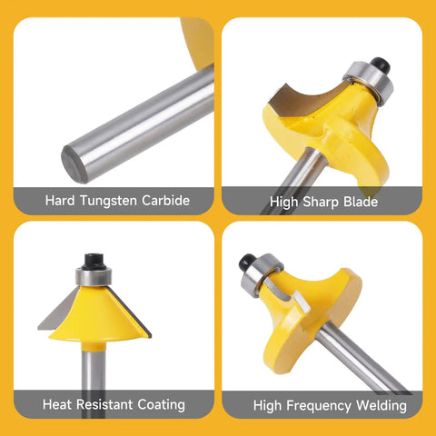 24 Piece Tungsten Carbide Router Bit Set With 1 Quarter Inch Shank shown in close-up, highlighting sharp blades and coatings.