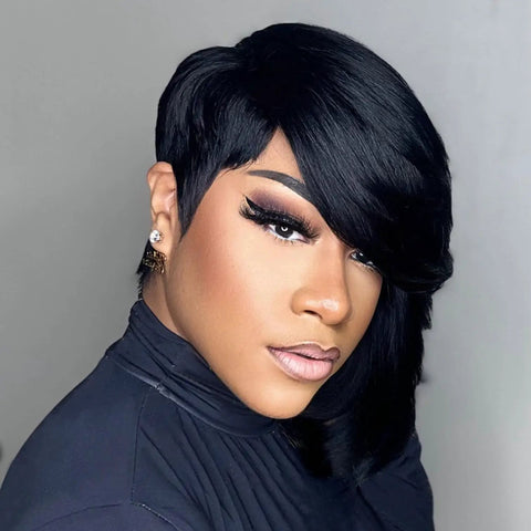 Short Pixie Cut Wig for Black Women With Bangs, Layered Virgin Human Hair, Side Part, Glueless Wear-and-Go, Full Machine-Made Wig, Effortless Chic Style, Tangle-Free and Soft on model