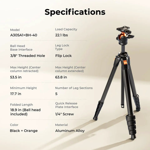 Specifications for Lightweight Travel Tripod For Camera And Phone, 63 Inch Aluminum with Arca Ball Head, supports 22.1 lbs.