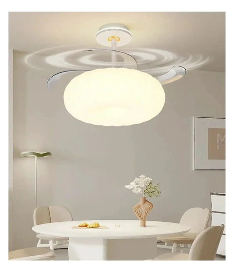 Modern Luxury Chandelier Ceiling Fan Combo With Remote Control For Living Room Nordic Style Lighting Fixture hanging above a white dining table.