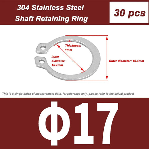 Precision Machined Heavy Duty Stainless Steel External Circlips 30 Pack C Clip Snap Rings For Automotive Systems Valves And Motor Bearings Rust Free Retaining Hardware Bulk Kit, 19.4mm outer diameter.