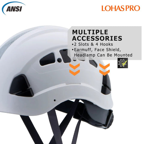 Image of a ventilated white hard hat with multiple accessory slots and hooks, featuring the ANSI logo and brand name Lohas Pro.